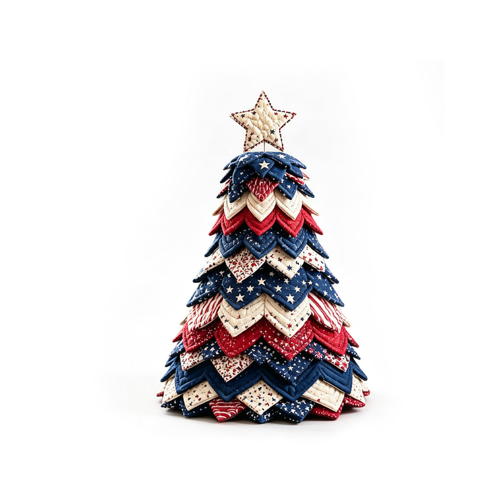 DIY Quilted Fabric Christmas Tree Kit, White Star Topper, Patriotic Red White Blue Patchwork Tabletop Holiday Decoration, Handmade Craft Kit for Mantel Shelf Xmas Home Decor, 7.88in