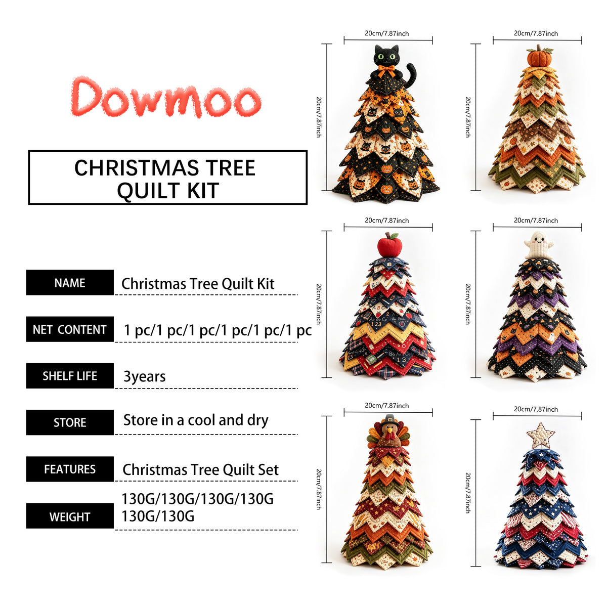 DIY Quilted Fabric Christmas Tree Kit, White Star Topper, Patriotic Red White Blue Patchwork Tabletop Holiday Decoration, Handmade Craft Kit for Mantel Shelf Xmas Home Decor, 7.88in