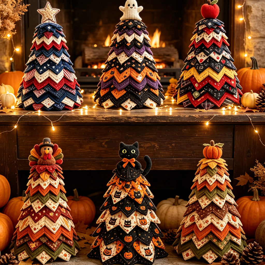 DIY Quilted Fabric Christmas Tree Kit, White Star Topper, Patriotic Red White Blue Patchwork Tabletop Holiday Decoration, Handmade Craft Kit for Mantel Shelf Xmas Home Decor, 7.88in