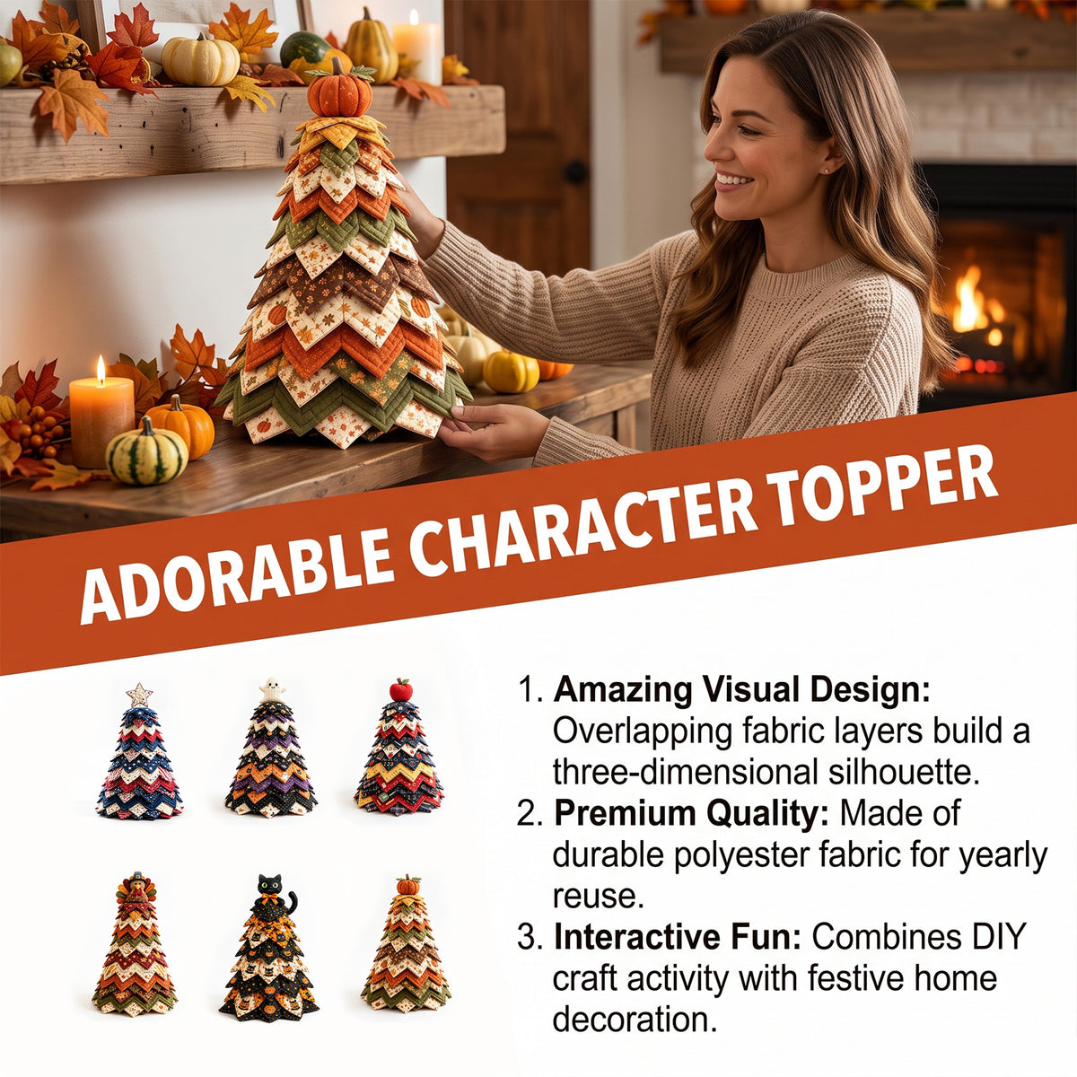 DIY Quilted Fabric Christmas Tree Kit, White Star Topper, Patriotic Red White Blue Patchwork Tabletop Holiday Decoration, Handmade Craft Kit for Mantel Shelf Xmas Home Decor, 7.88in