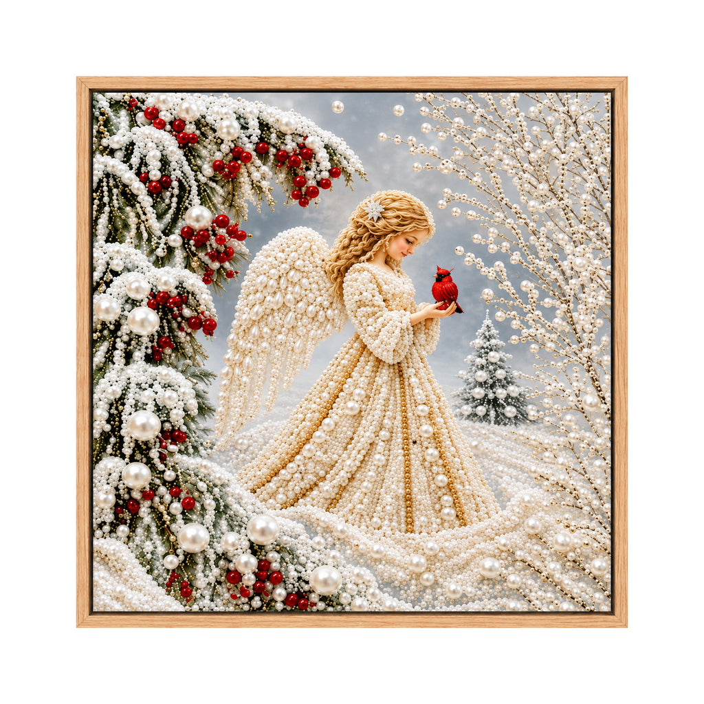 DIY Christmas Angel Pearl Diamond Painting Kit, 7.87"x7.87" Framed 5D Round Pearl Beads Art Set, Winter Cardinal Snow Scene DIY Craft Wall Decor for Holiday Home Decor & Gift