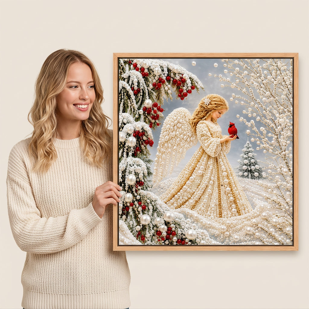 DIY Christmas Angel Pearl Diamond Painting Kit, 7.87"x7.87" Framed 5D Round Pearl Beads Art Set, Winter Cardinal Snow Scene DIY Craft Wall Decor for Holiday Home Decor & Gift