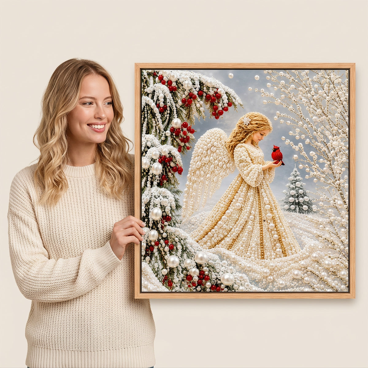 DIY Christmas Angel Pearl Diamond Painting Kit, 7.87"x7.87" Framed 5D Round Pearl Beads Art Set, Winter Cardinal Snow Scene DIY Craft Wall Decor for Holiday Home Decor & Gift