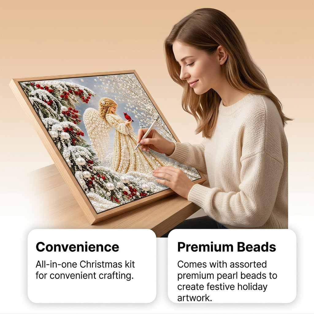 DIY Christmas Angel Pearl Diamond Painting Kit, 7.87"x7.87" Framed 5D Round Pearl Beads Art Set, Winter Cardinal Snow Scene DIY Craft Wall Decor for Holiday Home Decor & Gift
