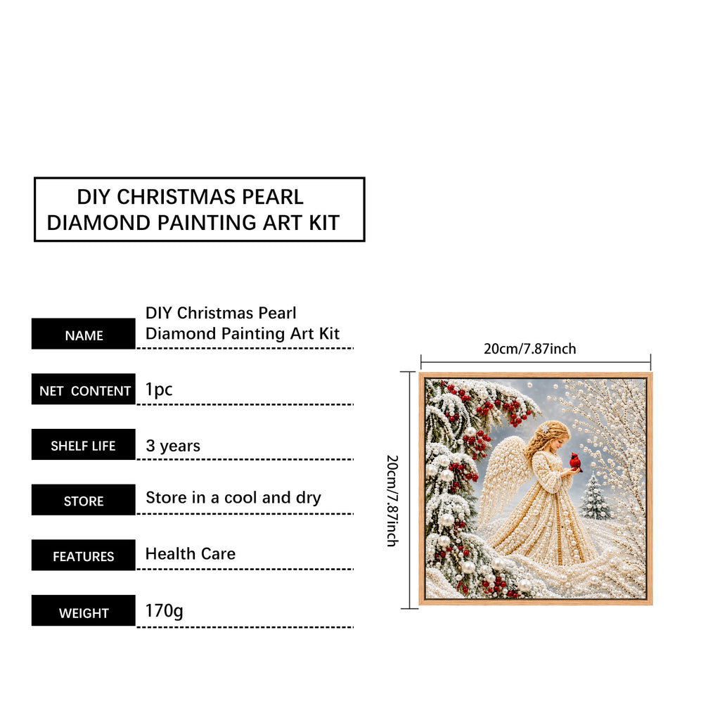 DIY Christmas Angel Pearl Diamond Painting Kit, 7.87"x7.87" Framed 5D Round Pearl Beads Art Set, Winter Cardinal Snow Scene DIY Craft Wall Decor for Holiday Home Decor & Gift