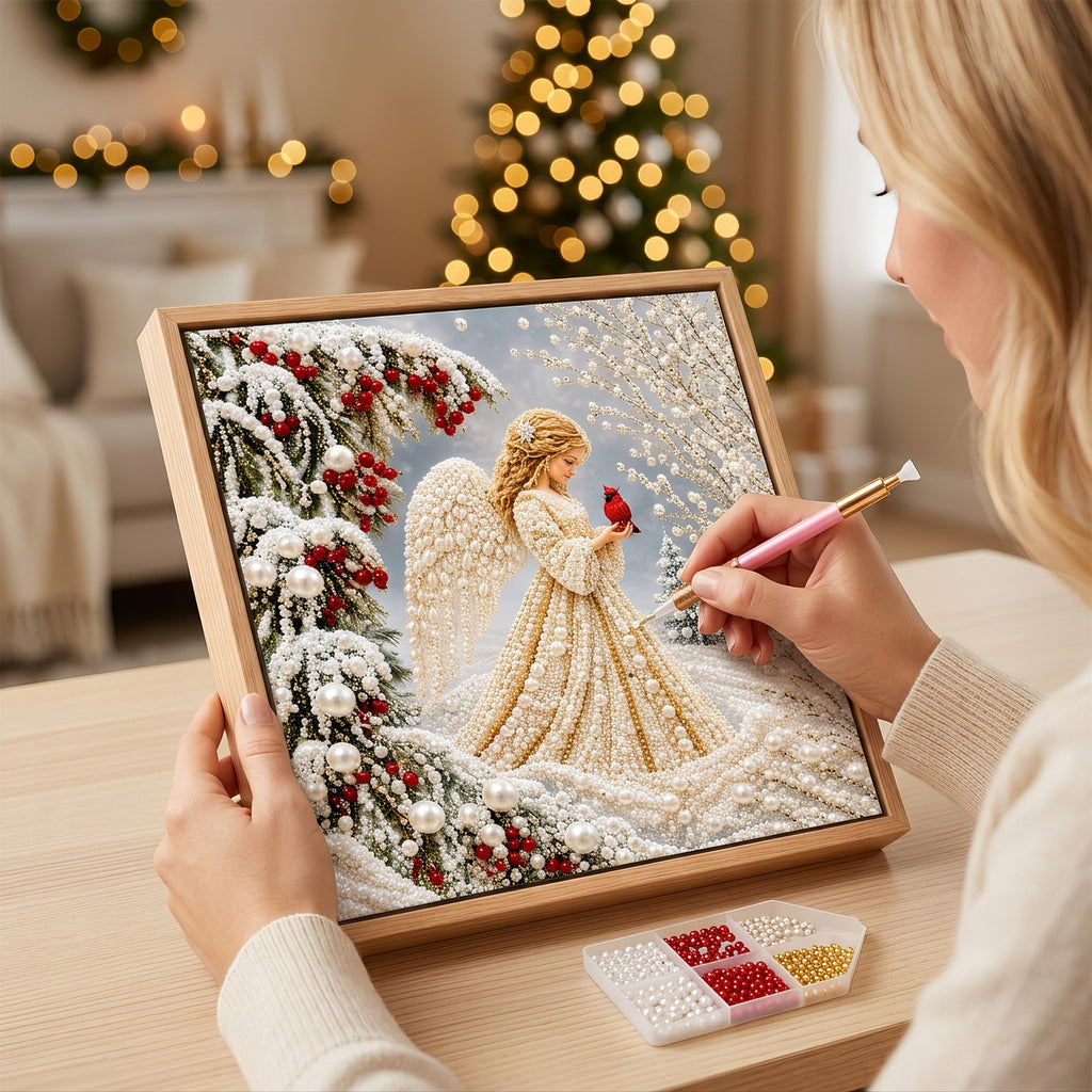 DIY Christmas Angel Pearl Diamond Painting Kit, 7.87"x7.87" Framed 5D Round Pearl Beads Art Set, Winter Cardinal Snow Scene DIY Craft Wall Decor for Holiday Home Decor & Gift