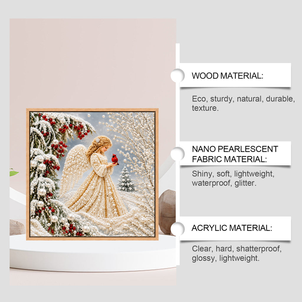 DIY Christmas Angel Pearl Diamond Painting Kit, 7.87"x7.87" Framed 5D Round Pearl Beads Art Set, Winter Cardinal Snow Scene DIY Craft Wall Decor for Holiday Home Decor & Gift