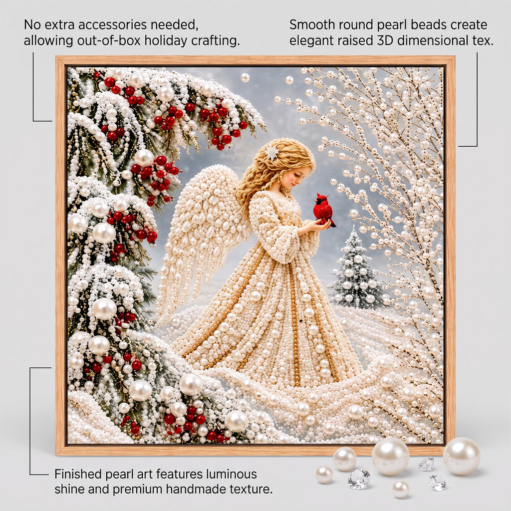 DIY Christmas Angel Pearl Diamond Painting Kit, 7.87"x7.87" Framed 5D Round Pearl Beads Art Set, Winter Cardinal Snow Scene DIY Craft Wall Decor for Holiday Home Decor & Gift