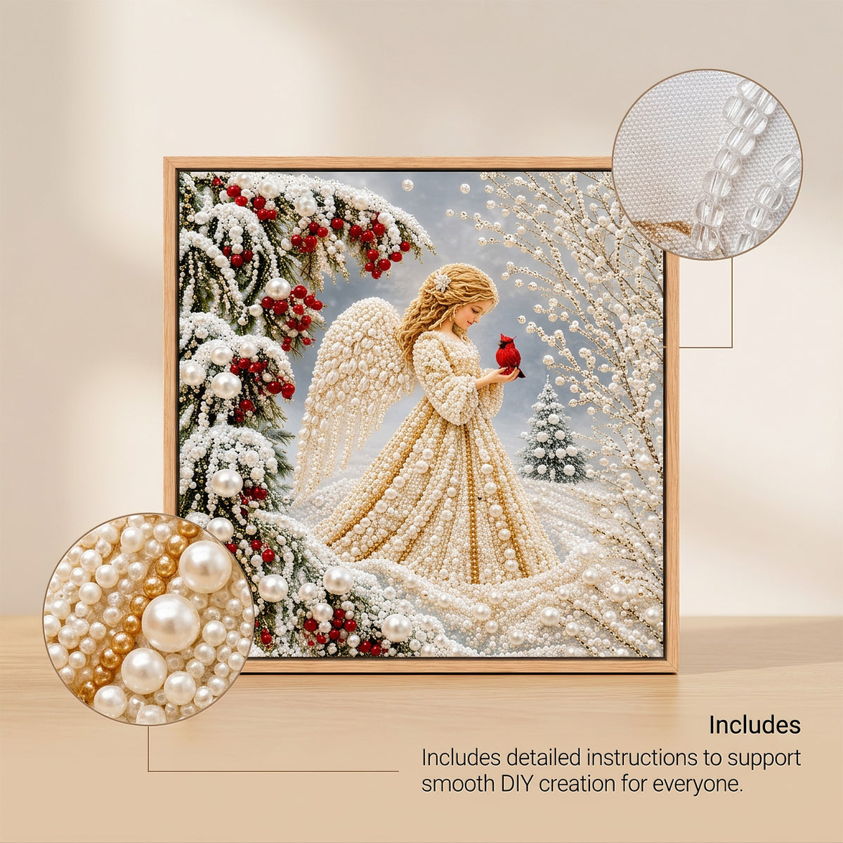 DIY Christmas Angel Pearl Diamond Painting Kit, 7.87"x7.87" Framed 5D Round Pearl Beads Art Set, Winter Cardinal Snow Scene DIY Craft Wall Decor for Holiday Home Decor & Gift