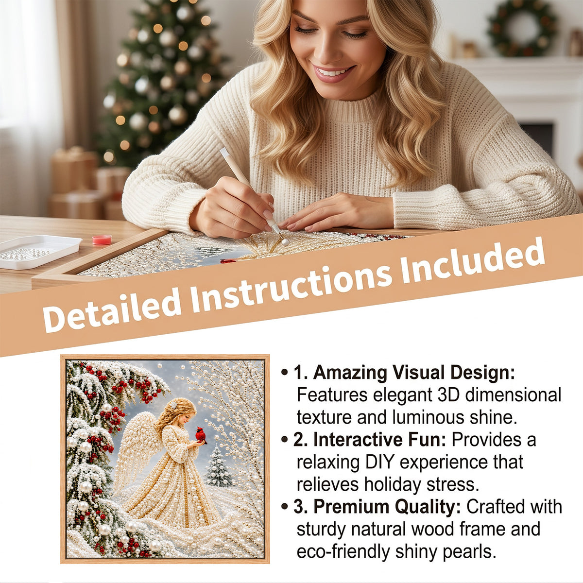 DIY Christmas Angel Pearl Diamond Painting Kit, 7.87"x7.87" Framed 5D Round Pearl Beads Art Set, Winter Cardinal Snow Scene DIY Craft Wall Decor for Holiday Home Decor & Gift
