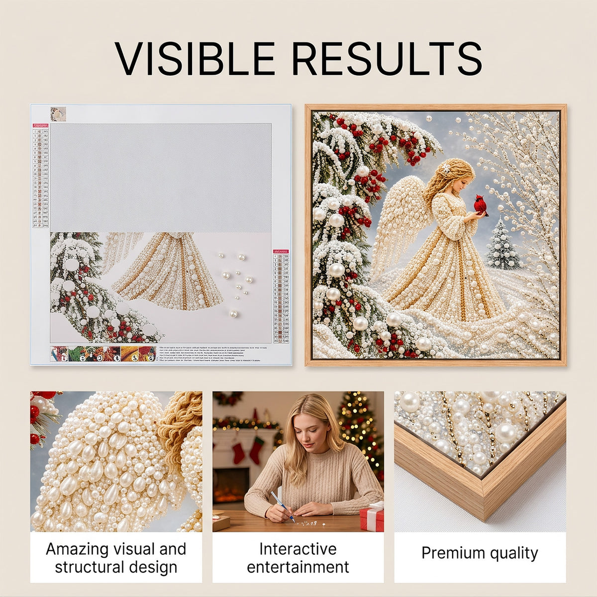 DIY Christmas Angel Pearl Diamond Painting Kit, 7.87"x7.87" Framed 5D Round Pearl Beads Art Set, Winter Cardinal Snow Scene DIY Craft Wall Decor for Holiday Home Decor & Gift