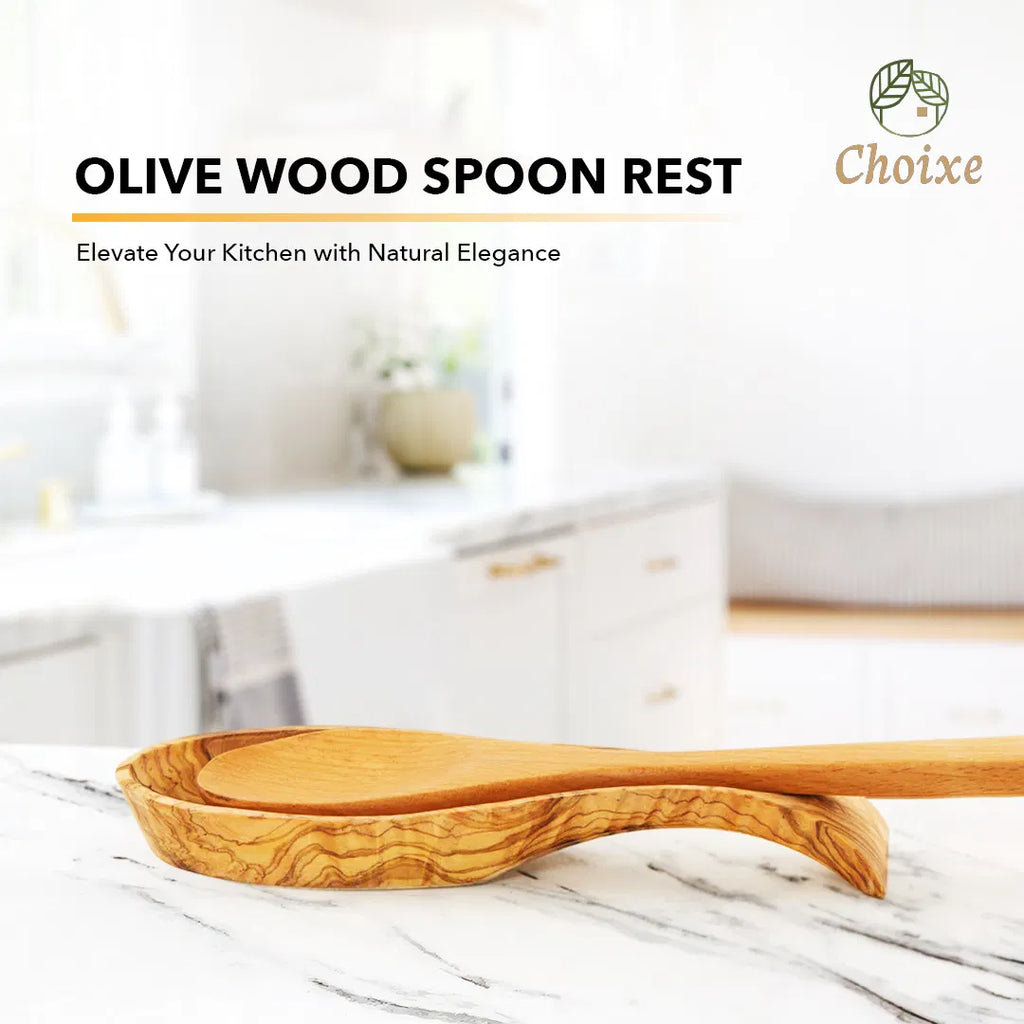 Handcrafted Mediterranean Olive Wood Spoon Rest, Natural Wooden Spoon Holder for Stove Top, Kitchen Counter Utensil Holder & Farmhouse Kitchen Decor