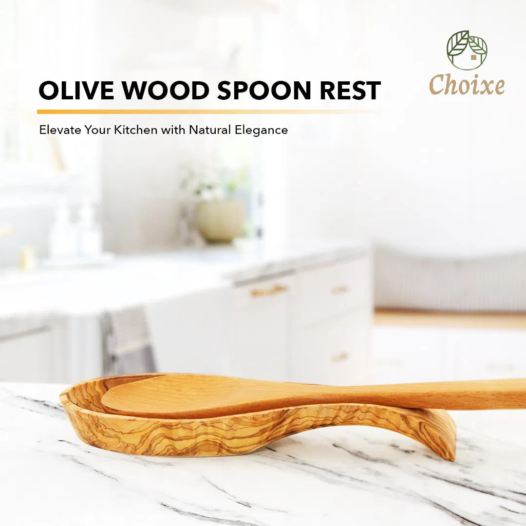 Handcrafted Mediterranean Olive Wood Spoon Rest, Natural Wooden Spoon Holder for Stove Top, Kitchen Counter Utensil Holder & Farmhouse Kitchen Decor