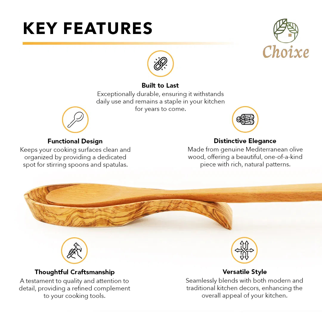 Handcrafted Mediterranean Olive Wood Spoon Rest, Natural Wooden Spoon Holder for Stove Top, Kitchen Counter Utensil Holder & Farmhouse Kitchen Decor