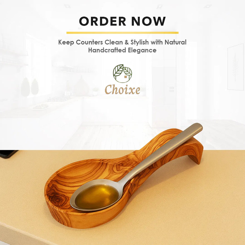 Handcrafted Mediterranean Olive Wood Spoon Rest, Natural Wooden Spoon Holder for Stove Top, Kitchen Counter Utensil Holder & Farmhouse Kitchen Decor