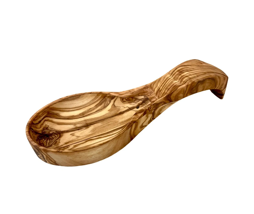Handcrafted Mediterranean Olive Wood Spoon Rest, Natural Wooden Spoon Holder for Stove Top, Kitchen Counter Utensil Holder & Farmhouse Kitchen Decor