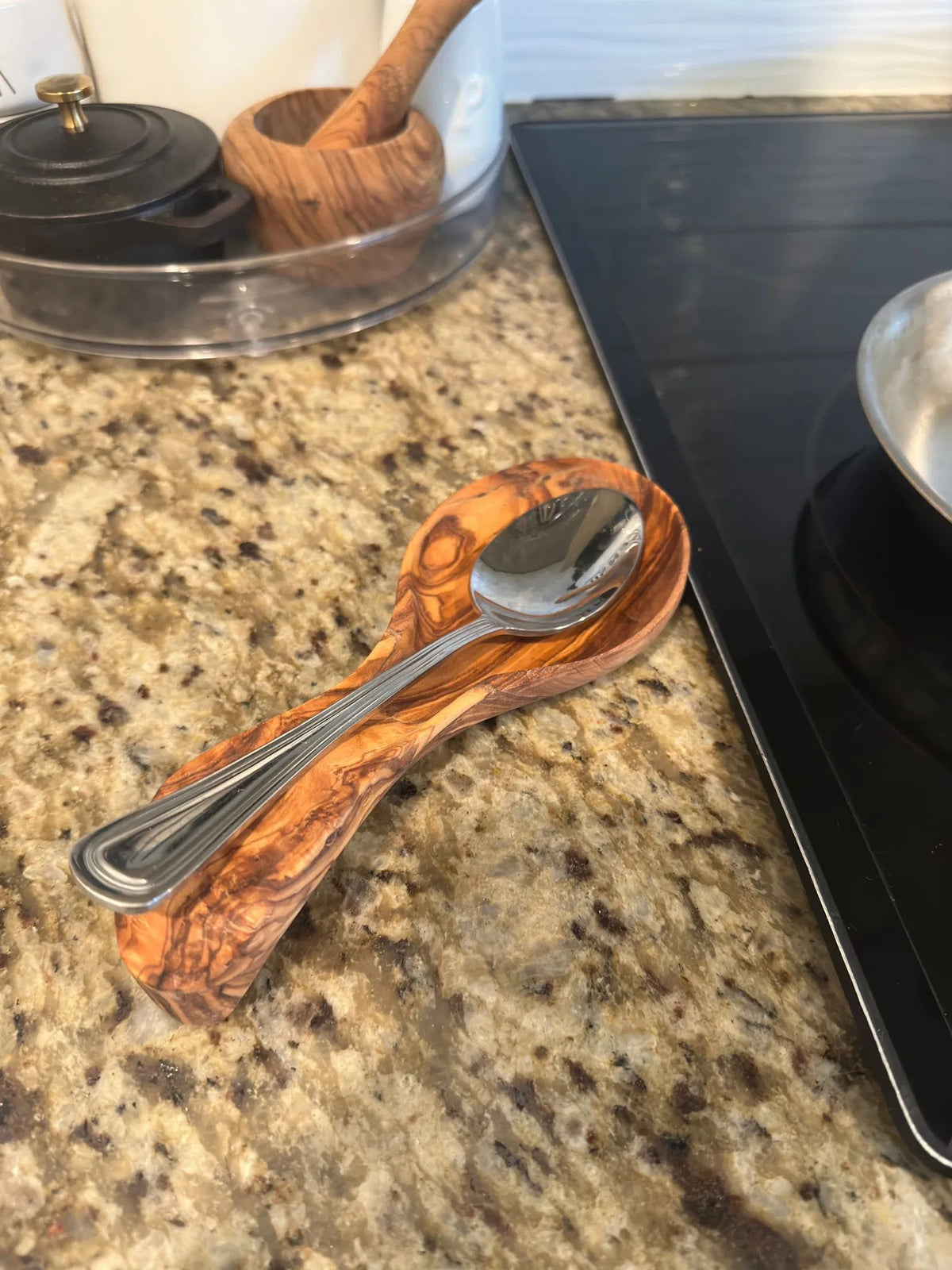 Handcrafted Mediterranean Olive Wood Spoon Rest, Natural Wooden Spoon Holder for Stove Top, Kitchen Counter Utensil Holder & Farmhouse Kitchen Decor