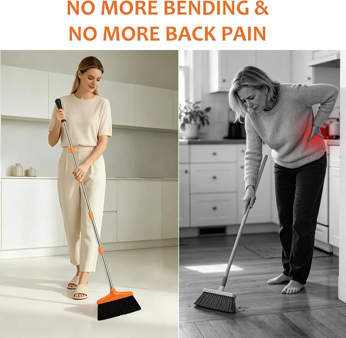Adjustable Long Handle Broom and Dustpan Set with Comb Teeth, 45° Angled Bristles for Home Kitchen Floor Cleaning