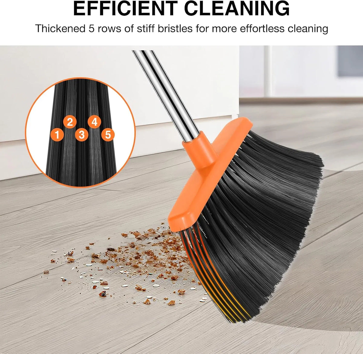 Adjustable Long Handle Broom and Dustpan Set with Comb Teeth, 45° Angled Bristles for Home Kitchen Floor Cleaning