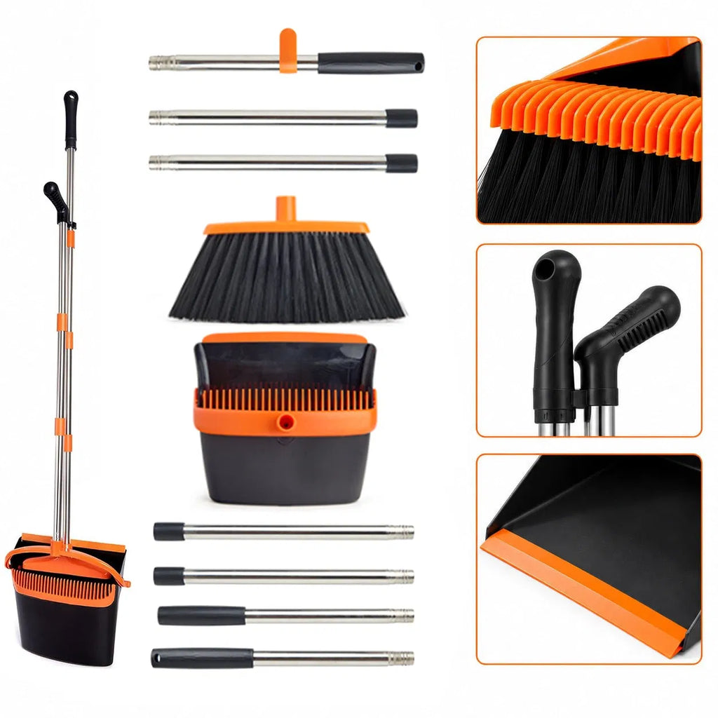 Adjustable Long Handle Broom and Dustpan Set with Comb Teeth, 45° Angled Bristles for Home Kitchen Floor Cleaning