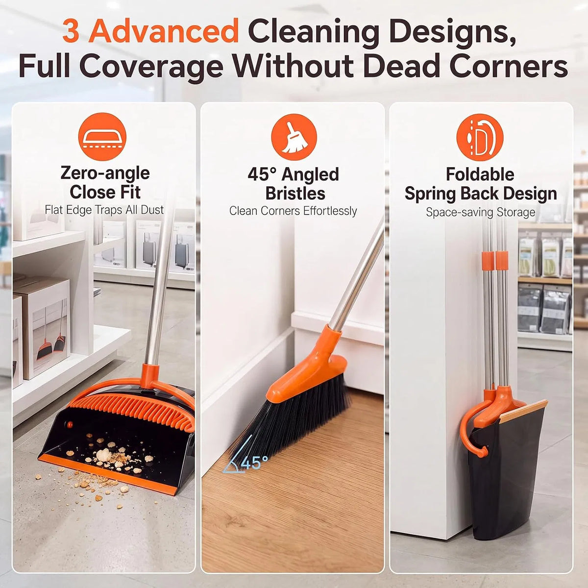 Adjustable Long Handle Broom and Dustpan Set with Comb Teeth, 45° Angled Bristles for Home Kitchen Floor Cleaning