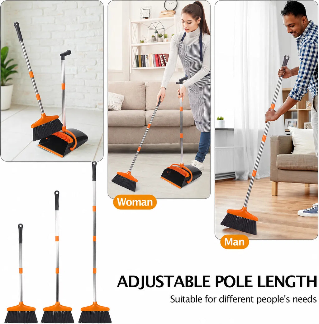 Adjustable Long Handle Broom and Dustpan Set with Comb Teeth, 45° Angled Bristles for Home Kitchen Floor Cleaning