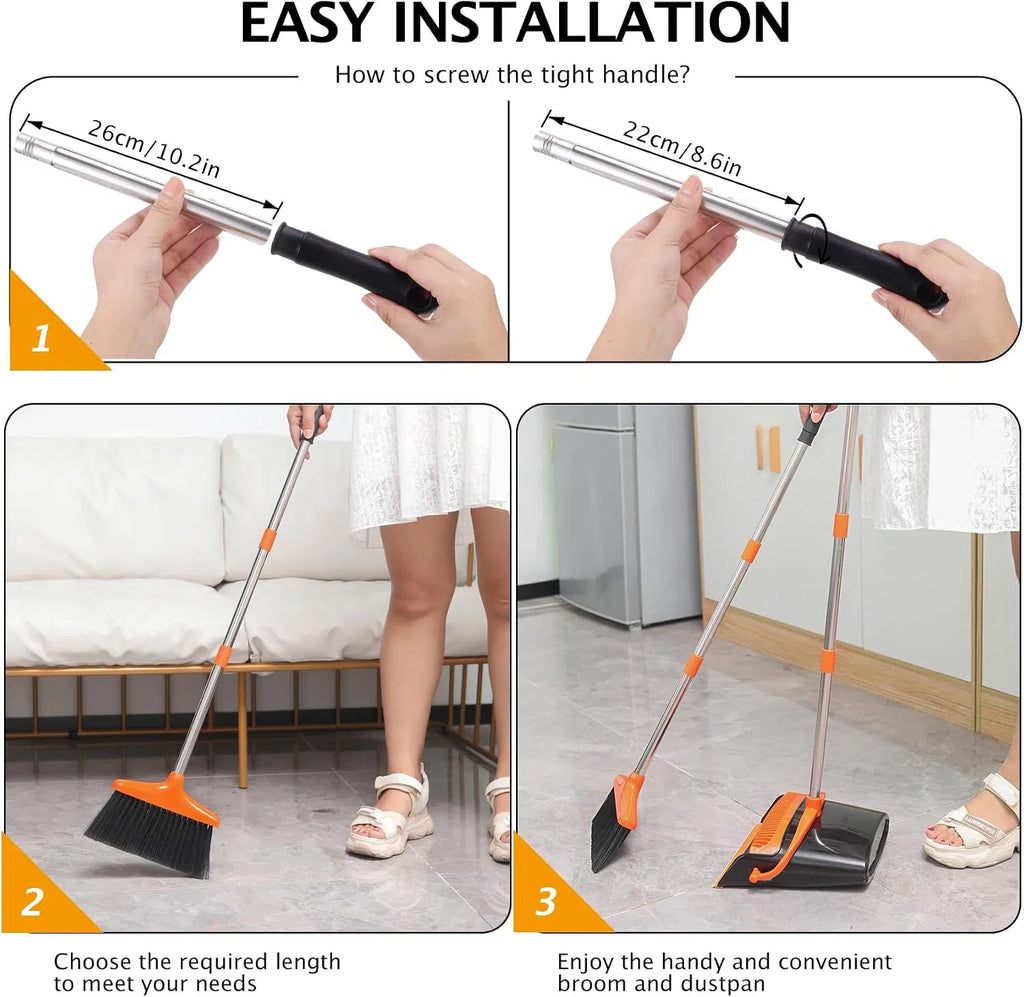 Adjustable Long Handle Broom and Dustpan Set with Comb Teeth, 45° Angled Bristles for Home Kitchen Floor Cleaning