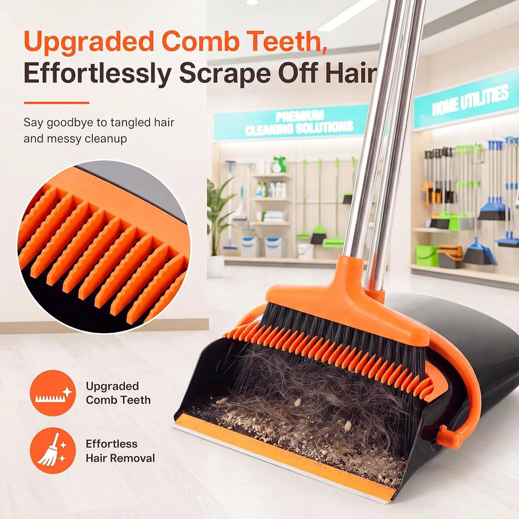 Adjustable Long Handle Broom and Dustpan Set with Comb Teeth, 45° Angled Bristles for Home Kitchen Floor Cleaning