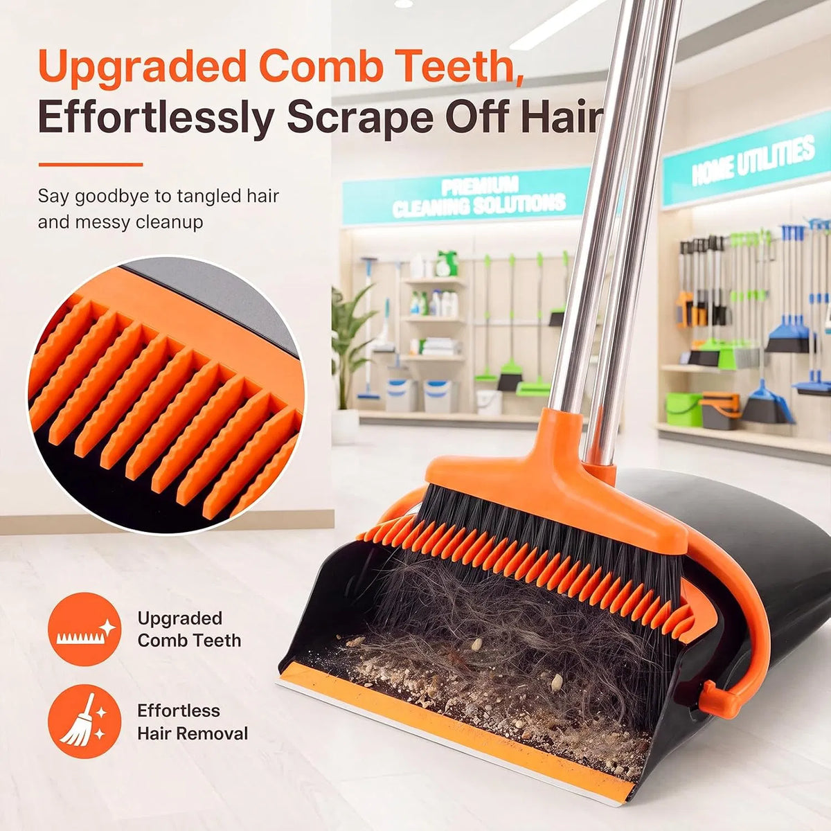 Adjustable Long Handle Broom and Dustpan Set with Comb Teeth, 45° Angled Bristles for Home Kitchen Floor Cleaning