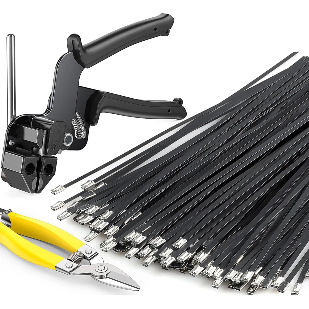 Stainless Steel Metal Cable Tie Kit with Cable Tie Gun & Metal Cutting Scissors, Black Epoxy Coated UV Resistant Zip Ties for Outdoor Fence, Pipe & Industrial Use