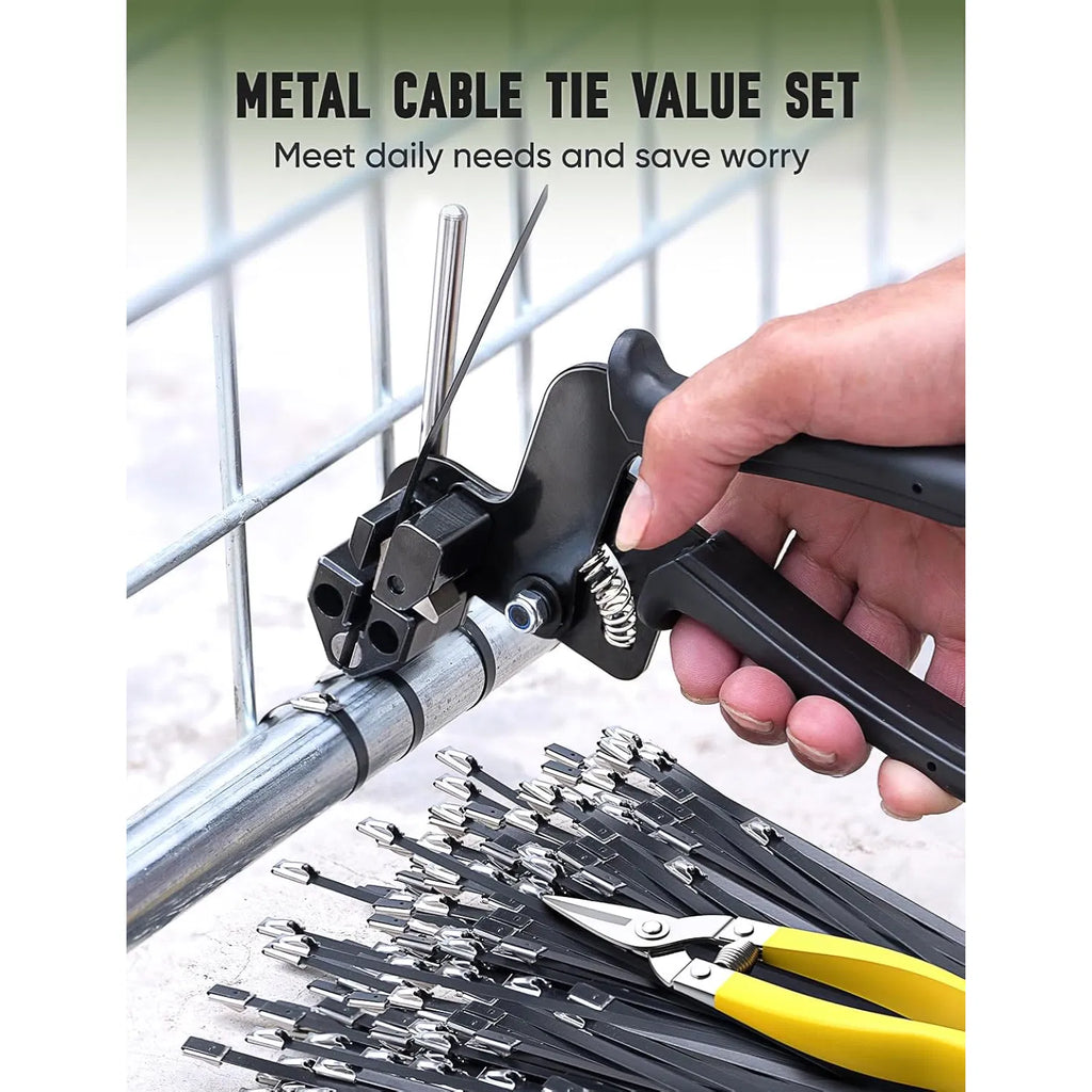 Stainless Steel Metal Cable Tie Kit with Cable Tie Gun & Metal Cutting Scissors, Black Epoxy Coated UV Resistant Zip Ties for Outdoor Fence, Pipe & Industrial Use
