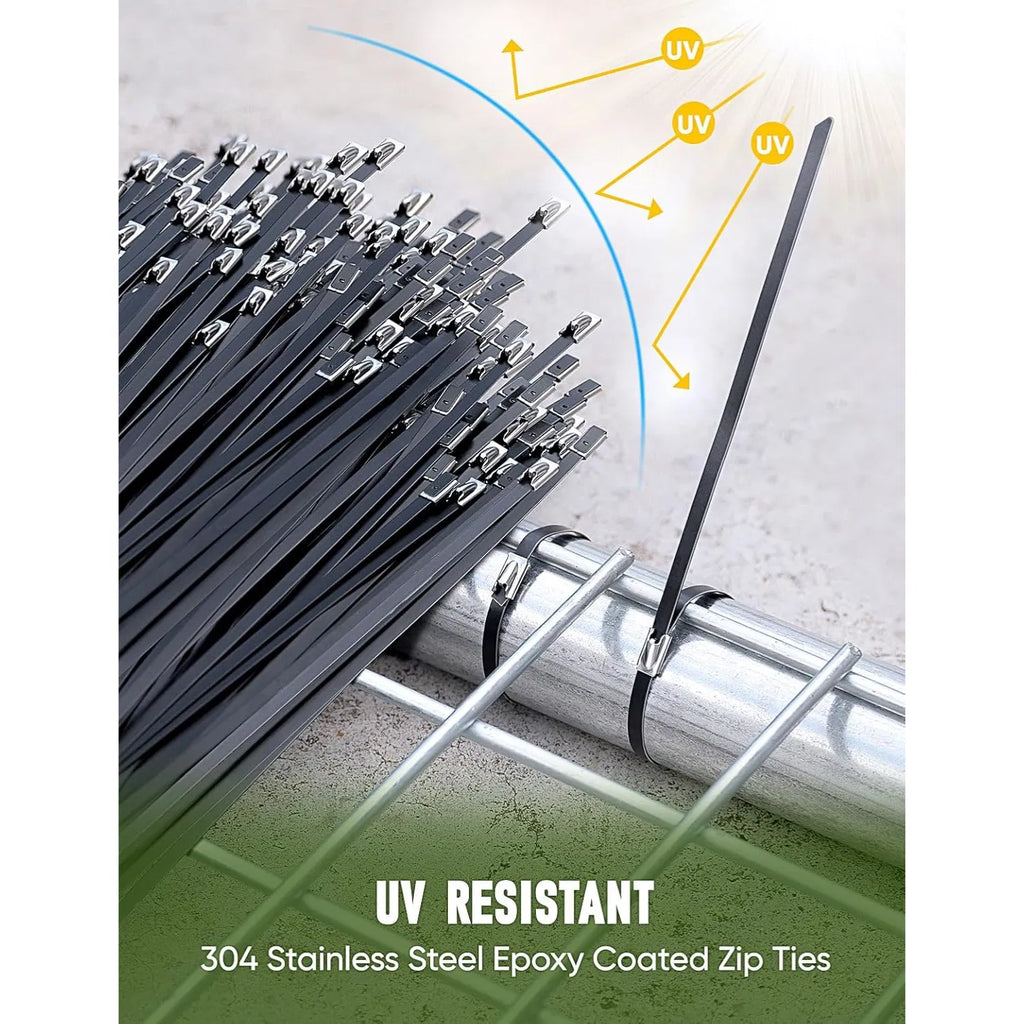 Stainless Steel Metal Cable Tie Kit with Cable Tie Gun & Metal Cutting Scissors, Black Epoxy Coated UV Resistant Zip Ties for Outdoor Fence, Pipe & Industrial Use
