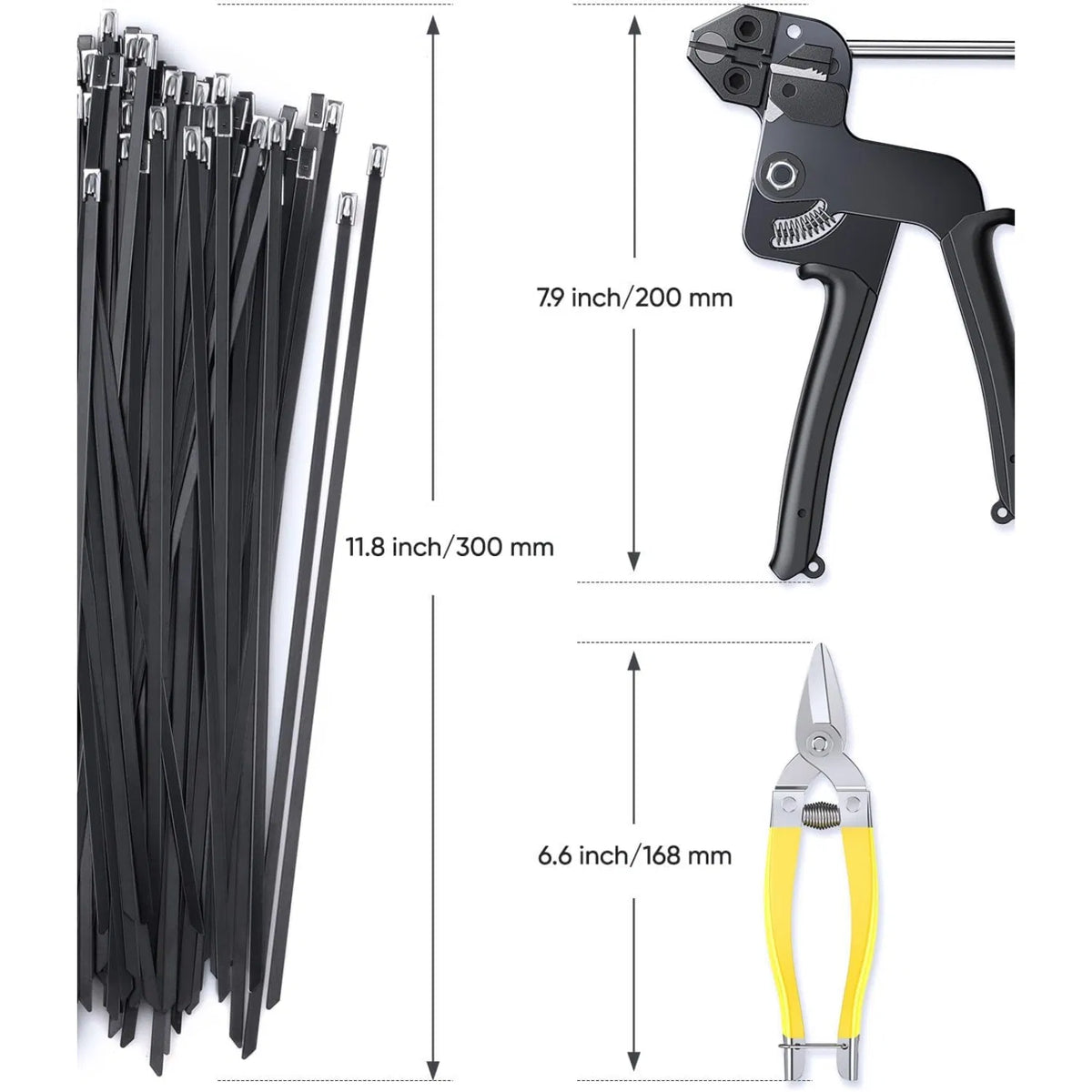 Stainless Steel Metal Cable Tie Kit with Cable Tie Gun & Metal Cutting Scissors, Black Epoxy Coated UV Resistant Zip Ties for Outdoor Fence, Pipe & Industrial Use