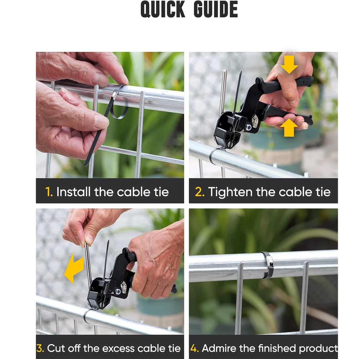 Stainless Steel Metal Cable Tie Kit with Cable Tie Gun & Metal Cutting Scissors, Black Epoxy Coated UV Resistant Zip Ties for Outdoor Fence, Pipe & Industrial Use