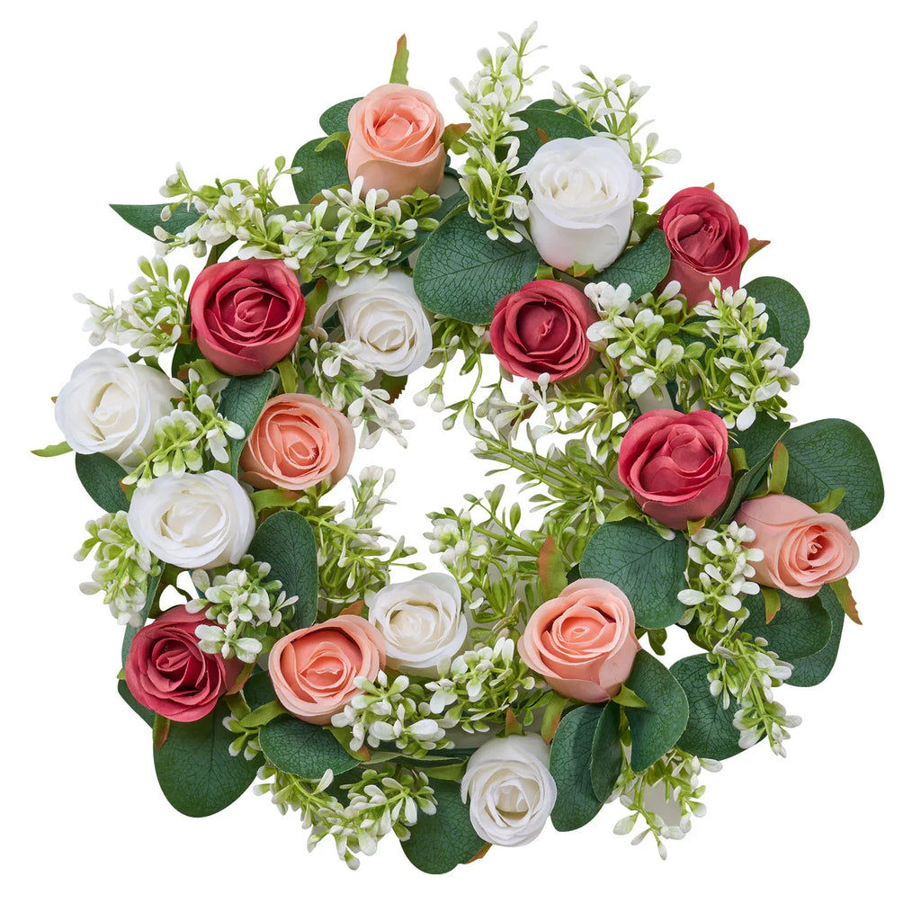 14 Inch Artificial Rose Wreath Set of 10, Faux Pink White Rose with Eucalyptus Leaves, Handcrafted Flower Centerpiece for Wedding Table, Party & Home Front Door Decor