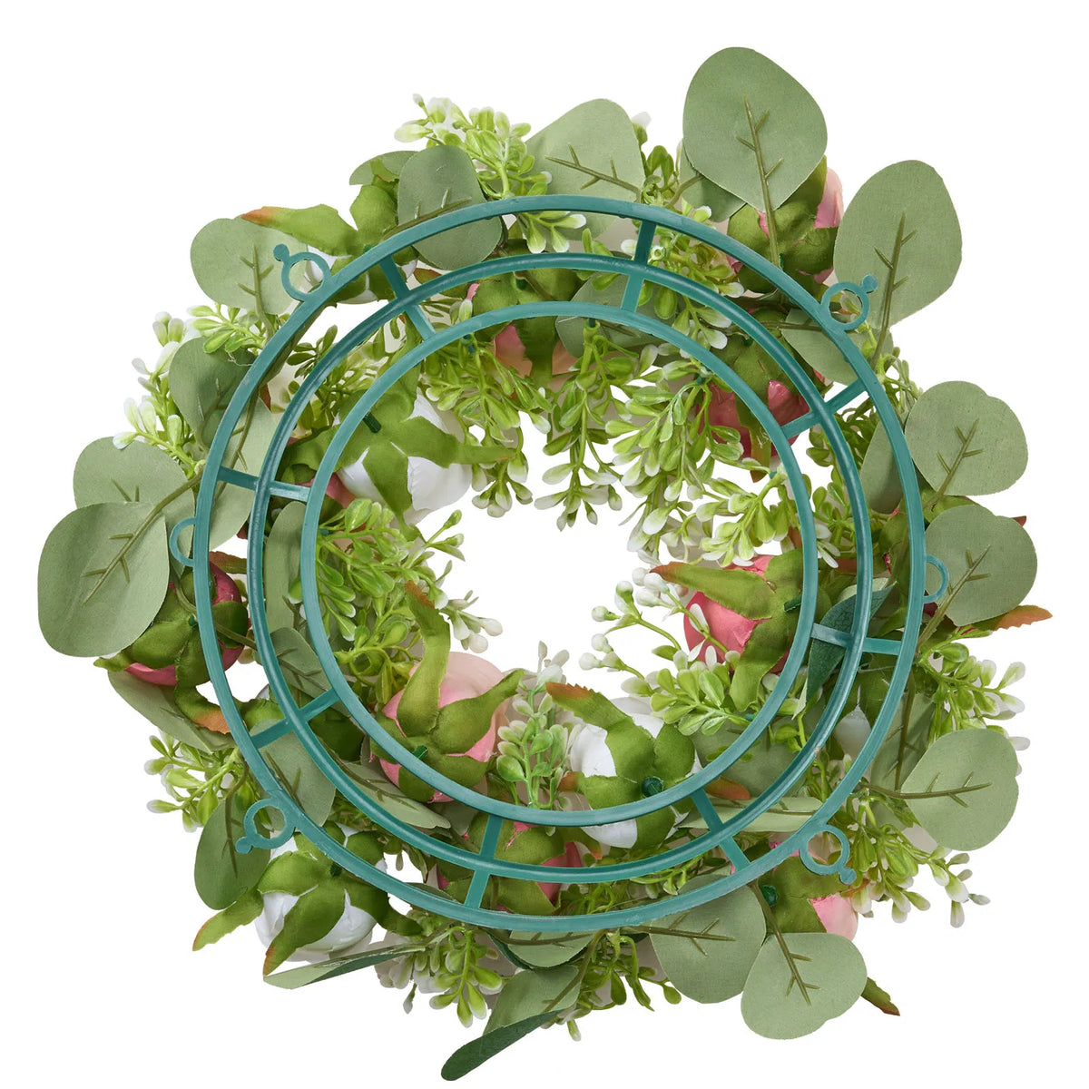 14 Inch Artificial Rose Wreath Set of 10, Faux Pink White Rose with Eucalyptus Leaves, Handcrafted Flower Centerpiece for Wedding Table, Party & Home Front Door Decor