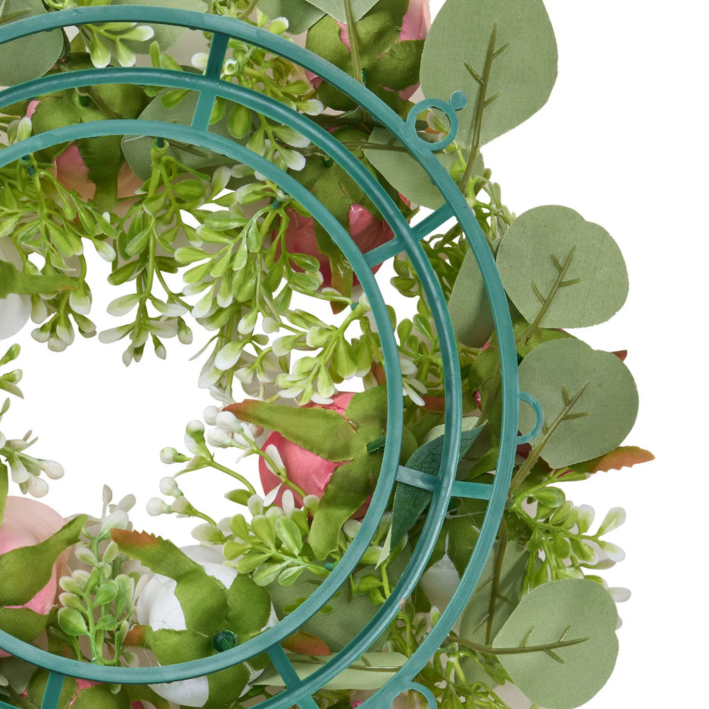 14 Inch Artificial Rose Wreath Set of 10, Faux Pink White Rose with Eucalyptus Leaves, Handcrafted Flower Centerpiece for Wedding Table, Party & Home Front Door Decor