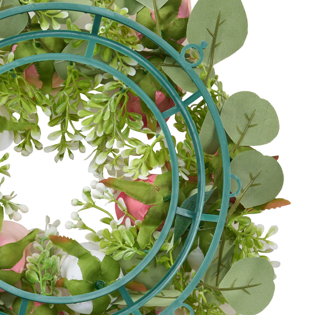 14 Inch Artificial Rose Wreath Set of 10, Faux Pink White Rose with Eucalyptus Leaves, Handcrafted Flower Centerpiece for Wedding Table, Party & Home Front Door Decor