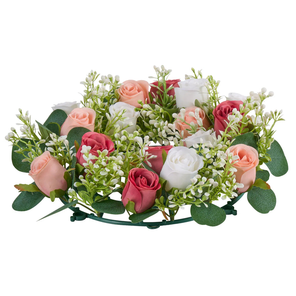 14 Inch Artificial Rose Wreath Set of 10, Faux Pink White Rose with Eucalyptus Leaves, Handcrafted Flower Centerpiece for Wedding Table, Party & Home Front Door Decor