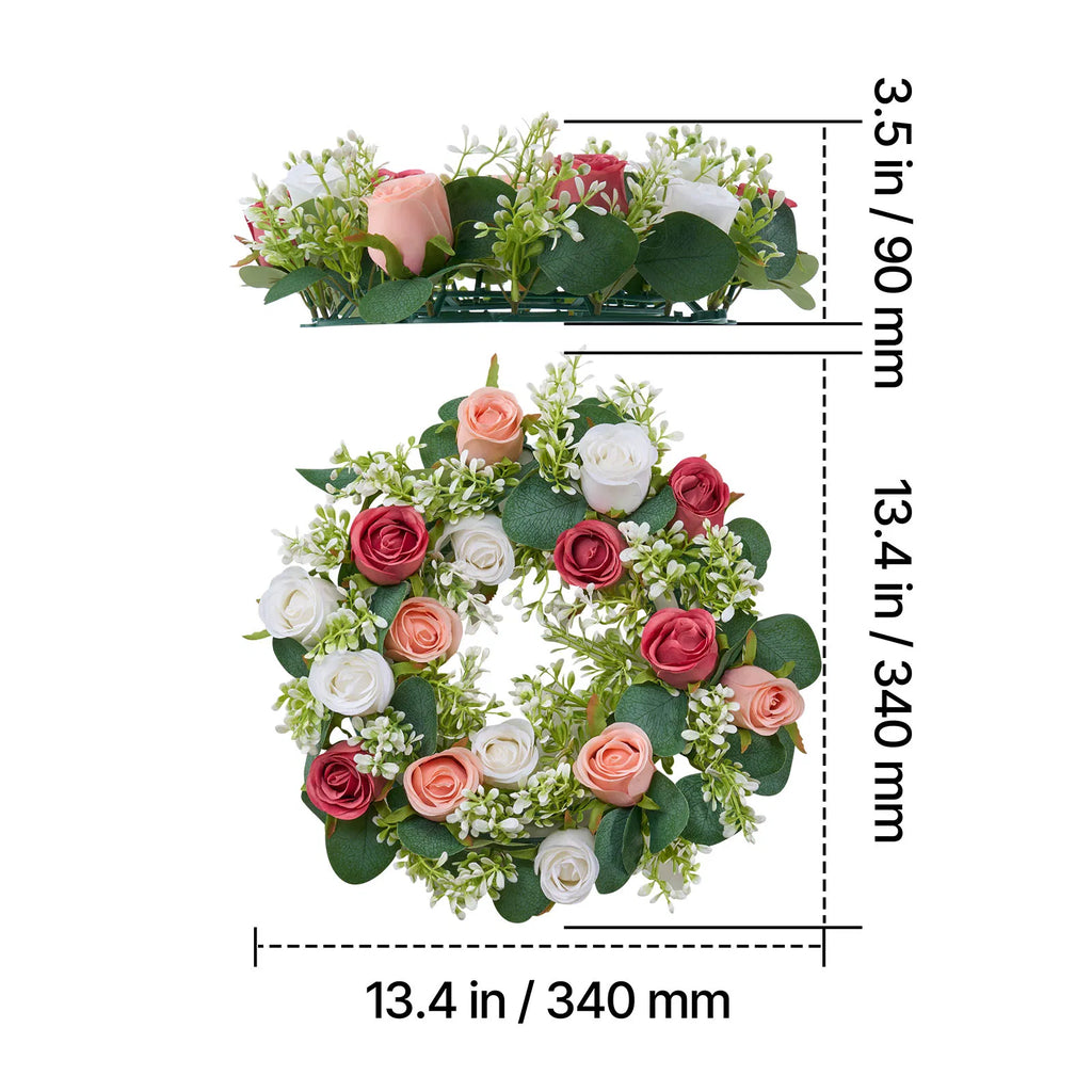 14 Inch Artificial Rose Wreath Set of 10, Faux Pink White Rose with Eucalyptus Leaves, Handcrafted Flower Centerpiece for Wedding Table, Party & Home Front Door Decor