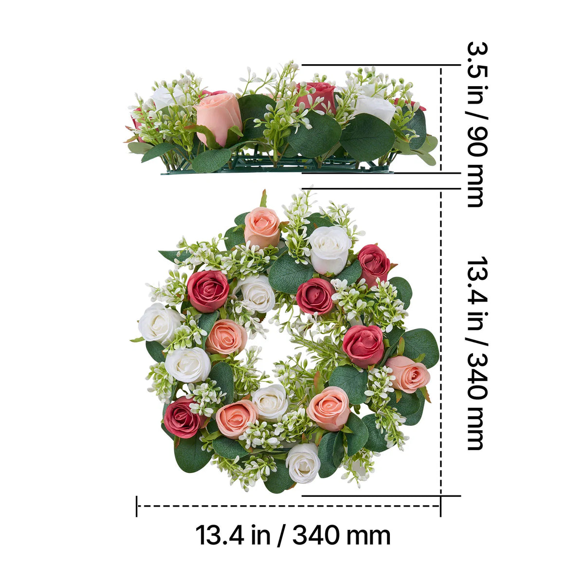 14 Inch Artificial Rose Wreath Set of 10, Faux Pink White Rose with Eucalyptus Leaves, Handcrafted Flower Centerpiece for Wedding Table, Party & Home Front Door Decor