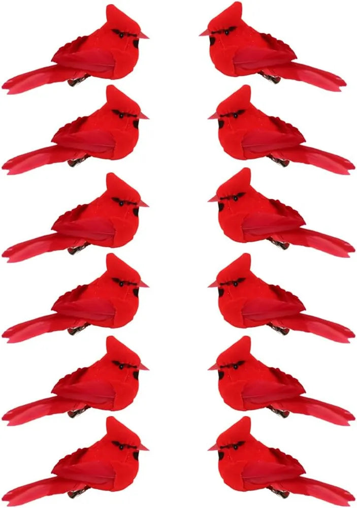 12Pcs Artificial Red Cardinal Birds Clip On Ornaments, Velvet Feather Mini Bird Decor for Christmas Tree Wreath DIY Holiday Crafts