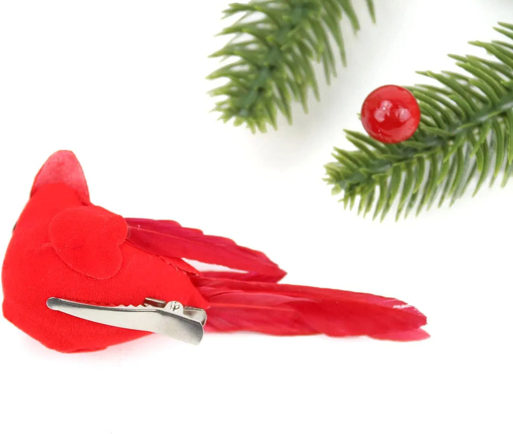 12Pcs Artificial Red Cardinal Birds Clip On Ornaments, Velvet Feather Mini Bird Decor for Christmas Tree Wreath DIY Holiday Crafts
