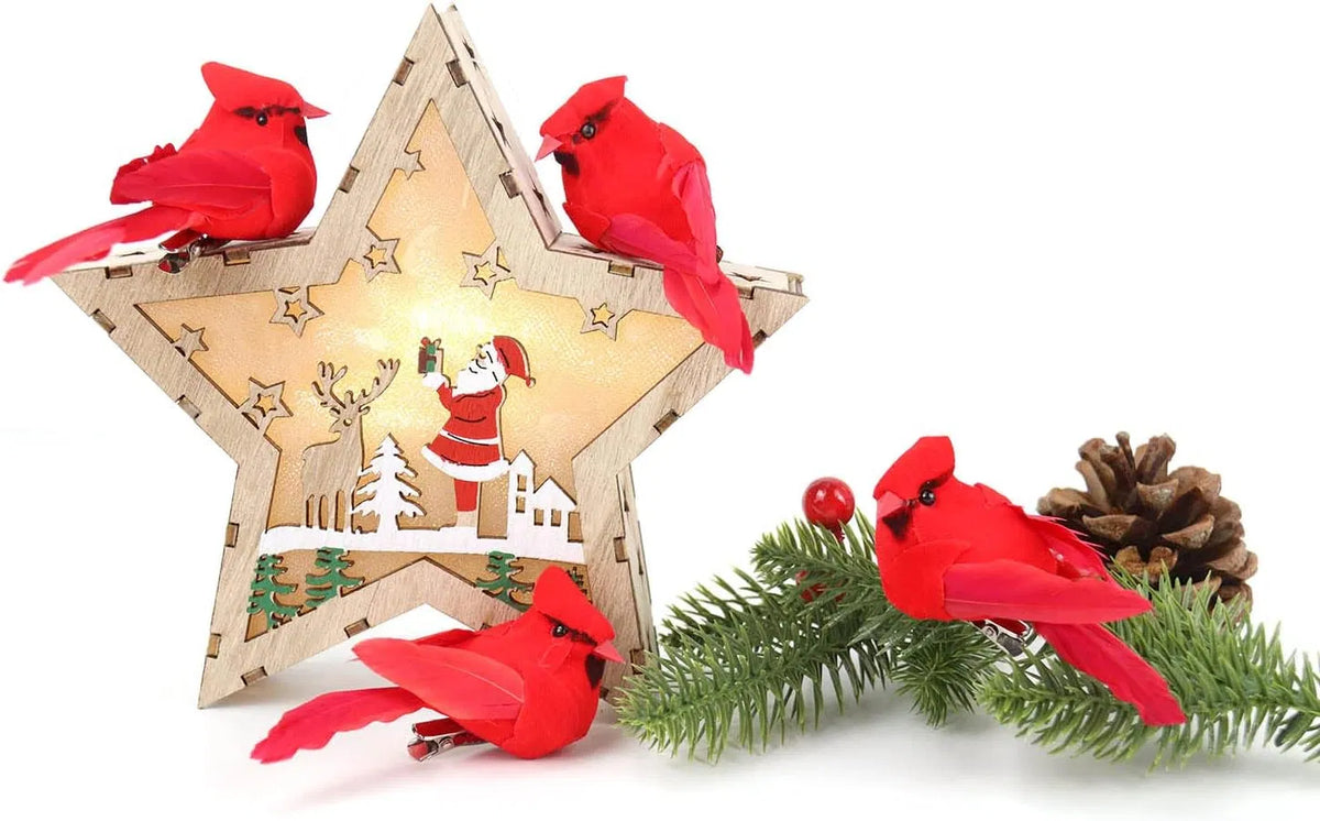 12Pcs Artificial Red Cardinal Birds Clip On Ornaments, Velvet Feather Mini Bird Decor for Christmas Tree Wreath DIY Holiday Crafts