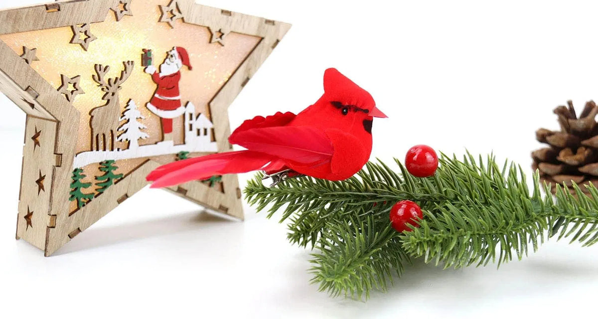12Pcs Artificial Red Cardinal Birds Clip On Ornaments, Velvet Feather Mini Bird Decor for Christmas Tree Wreath DIY Holiday Crafts