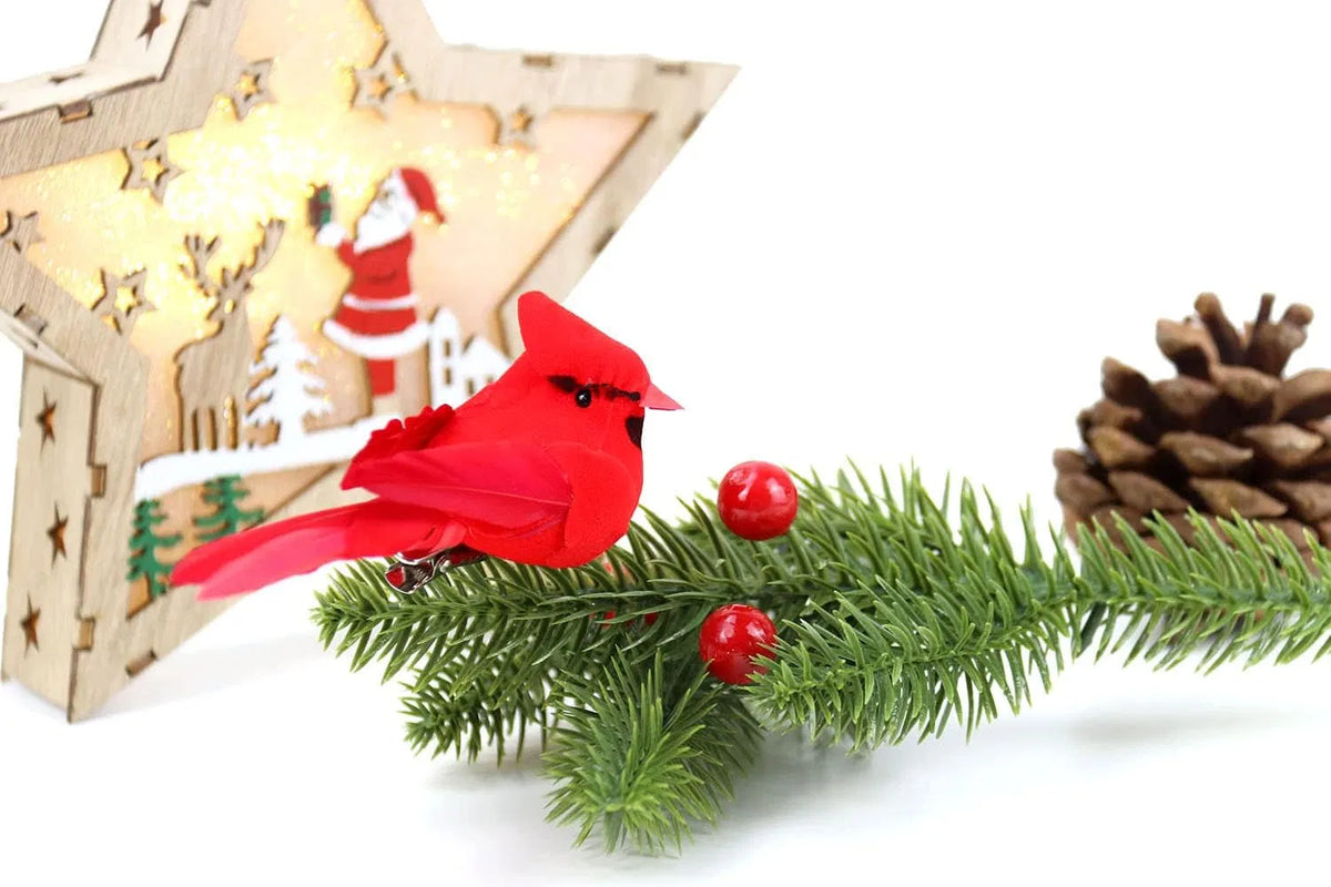 12Pcs Artificial Red Cardinal Birds Clip On Ornaments, Velvet Feather Mini Bird Decor for Christmas Tree Wreath DIY Holiday Crafts