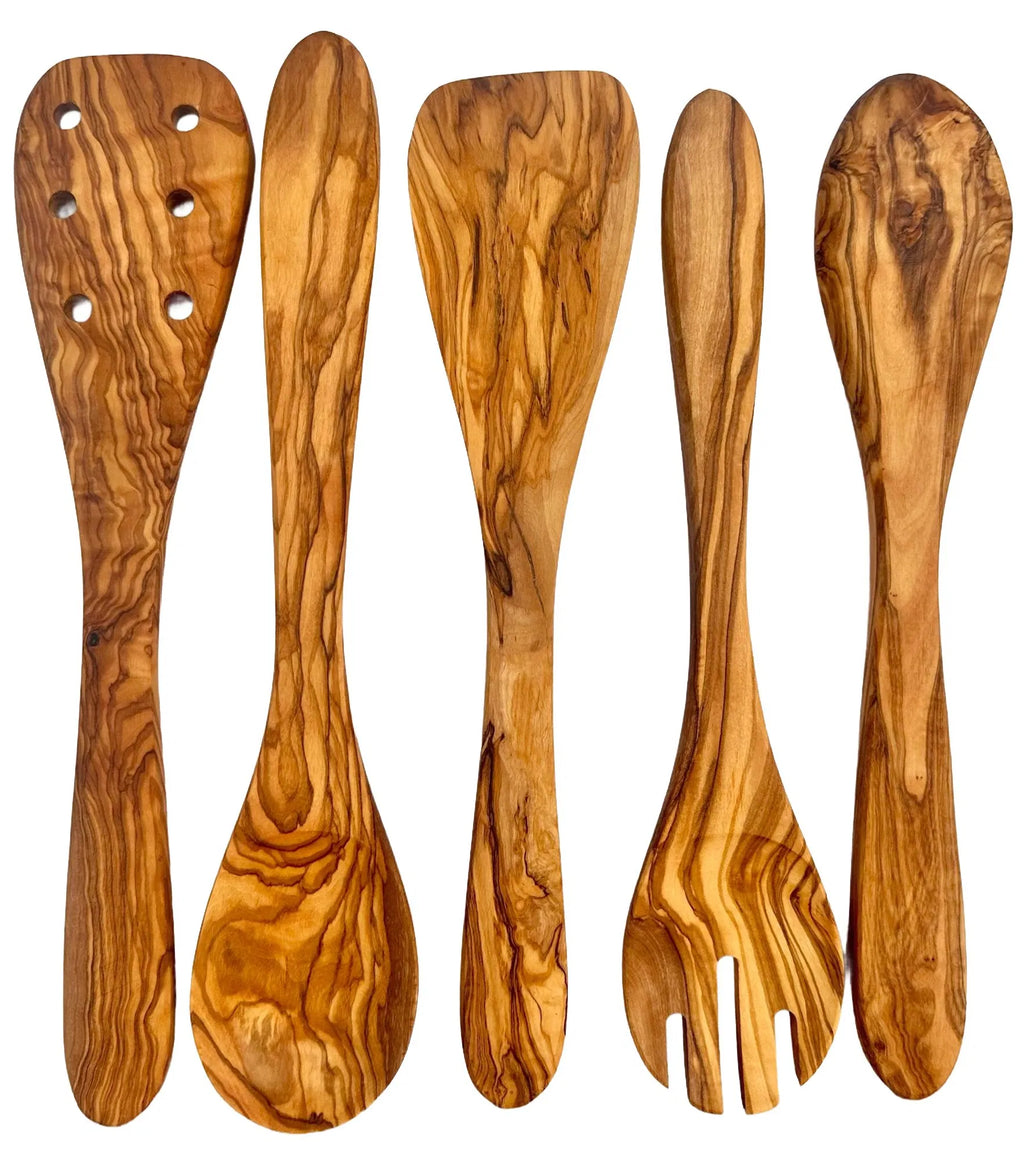 Choixe 5-Piece Olive Wood Kitchen Utensil Set, Hand Carved Wooden Cooking Spoons & Spatula for Nonstick Cookware