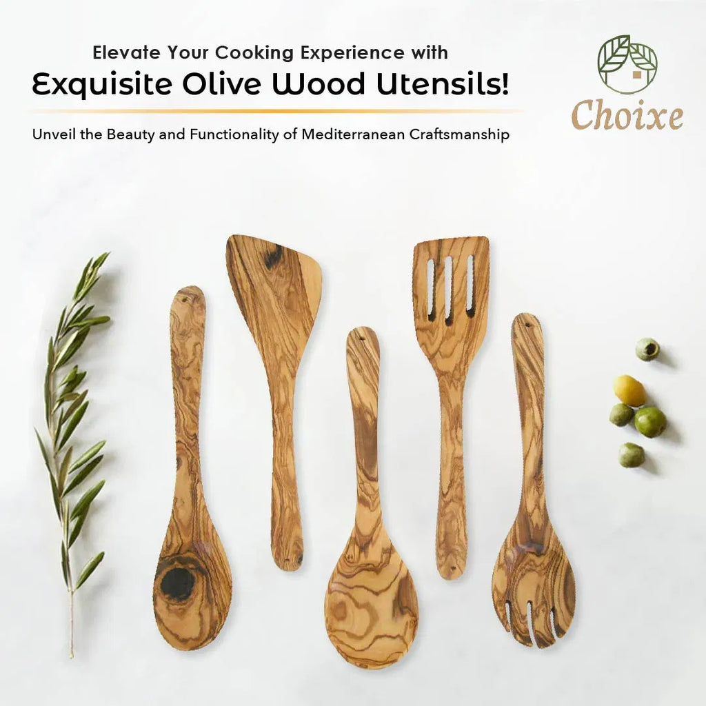 Choixe 5-Piece Olive Wood Kitchen Utensil Set, Hand Carved Wooden Cooking Spoons & Spatula for Nonstick Cookware