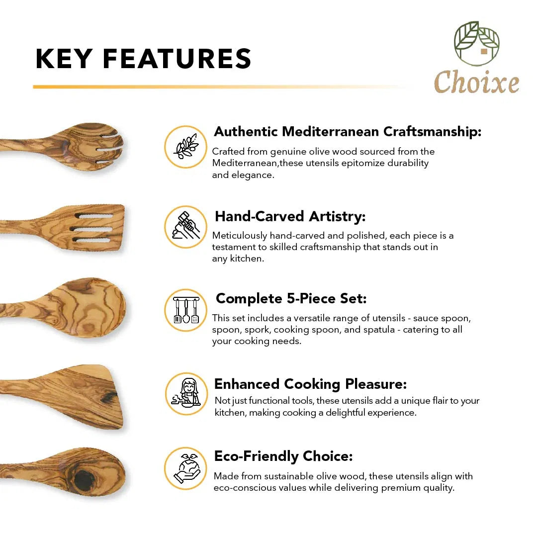 Choixe 5-Piece Olive Wood Kitchen Utensil Set, Hand Carved Wooden Cooking Spoons & Spatula for Nonstick Cookware