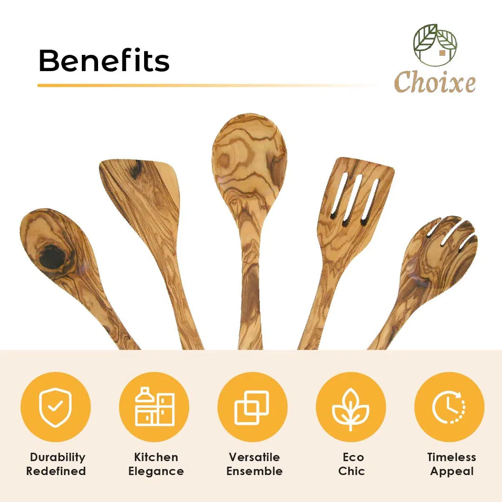 Choixe 5-Piece Olive Wood Kitchen Utensil Set, Hand Carved Wooden Cooking Spoons & Spatula for Nonstick Cookware